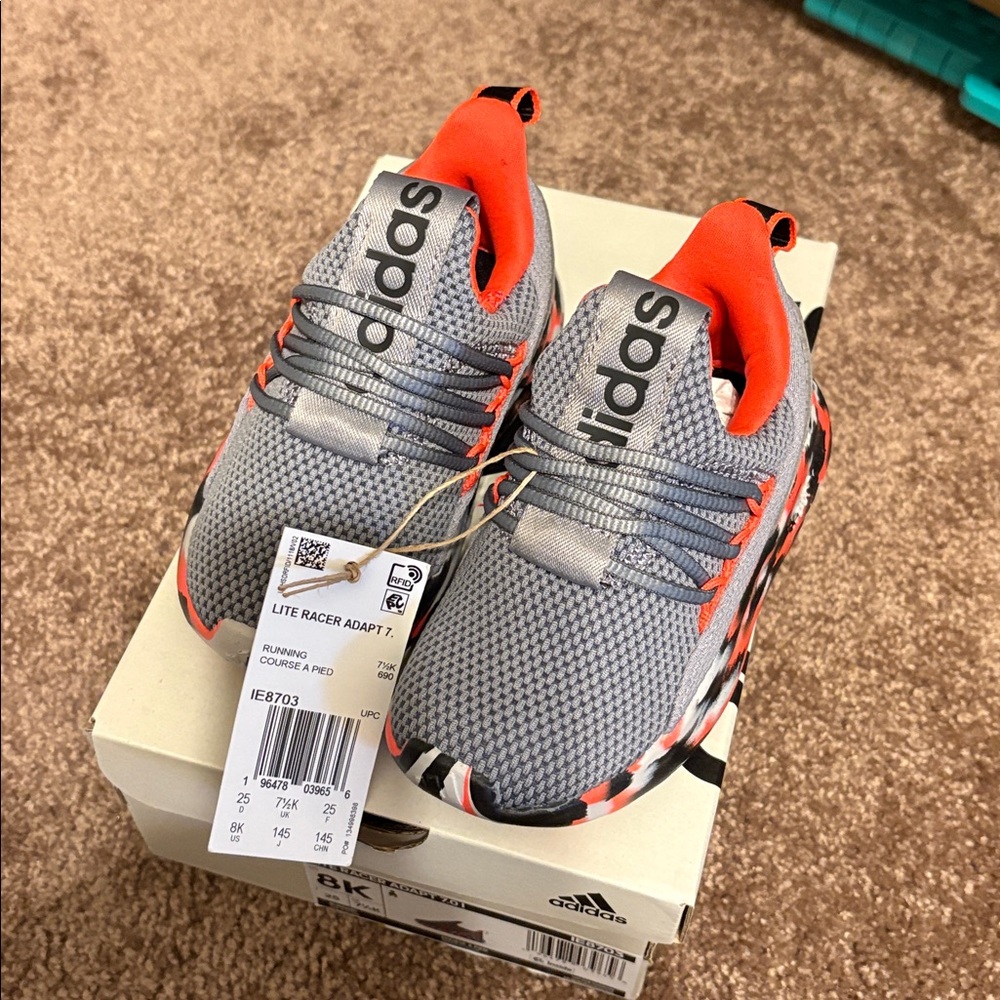 Adidas toddler Lite Racer Adapt 3.0 Gray and Orange  Shoes size 8 NEW